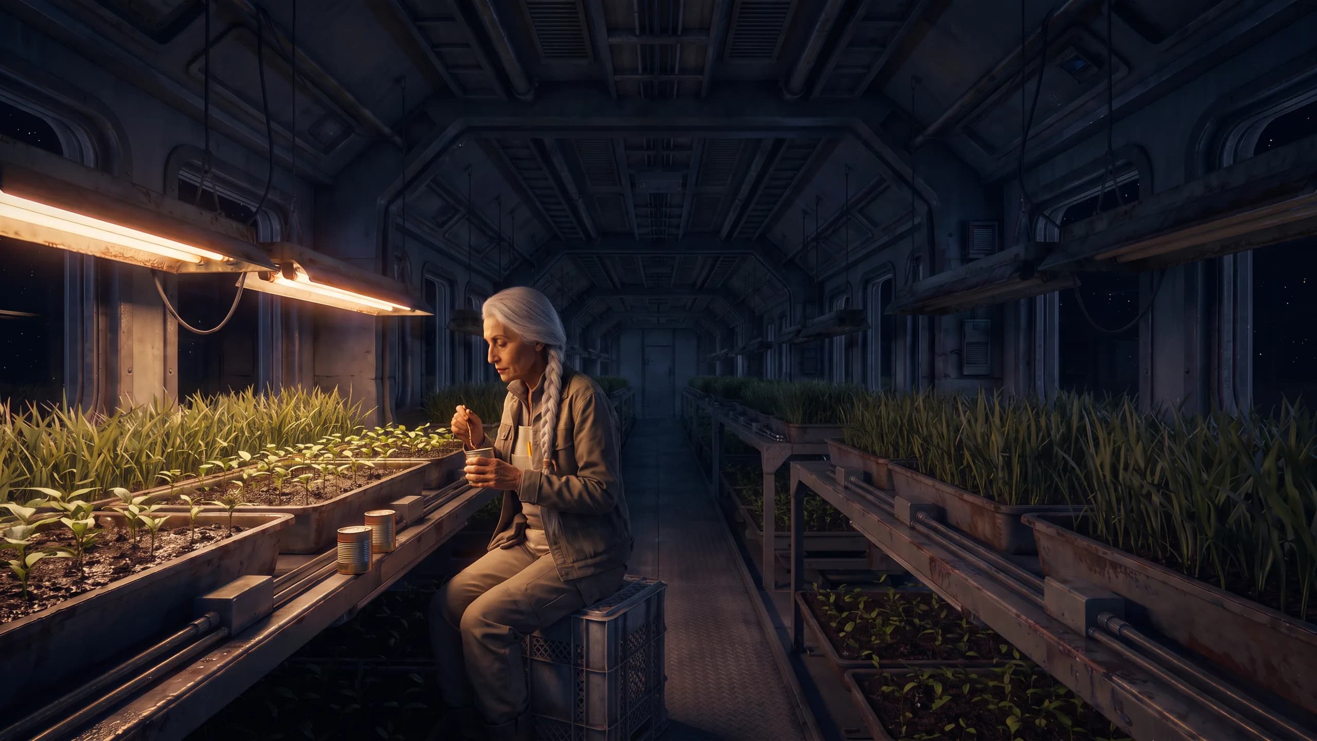 An old woman with dirt under her nails tends a lit growing ring in a hall of sleeping seed drawers, Earth visible through the viewport beyond.