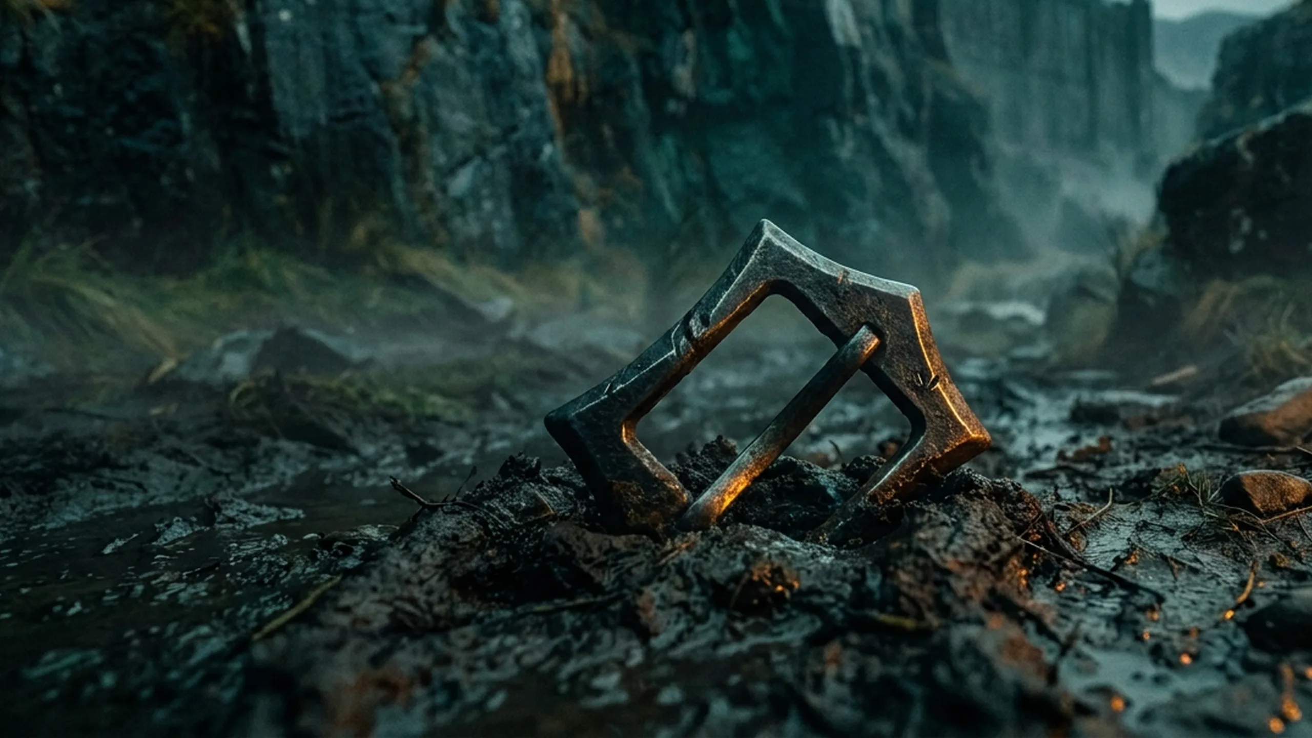 A foreign-made iron buckle half trodden into dark mud, faint cold light, fog curling low.
