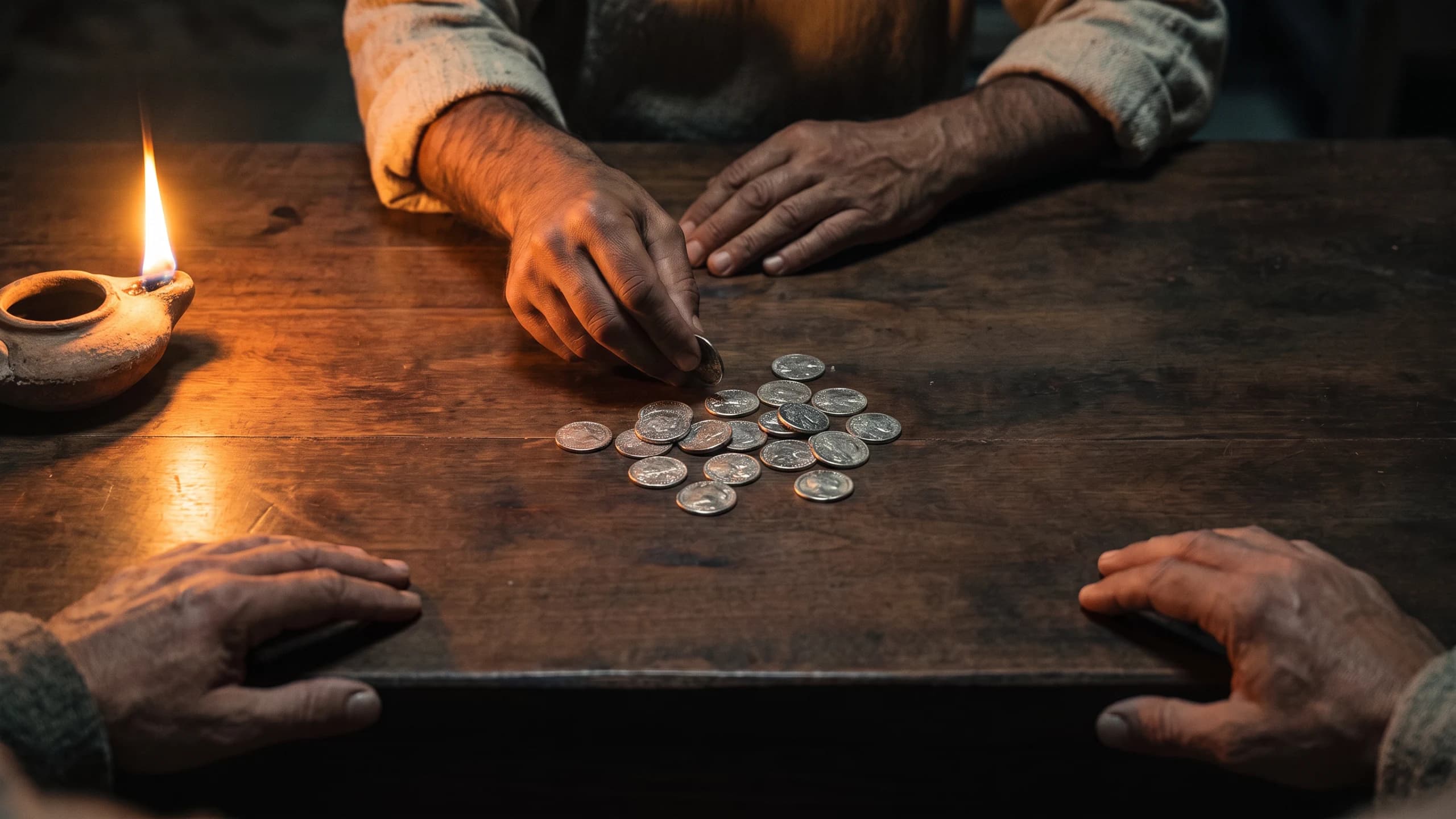 Work-rough hands counting silver coins onto a dark wood table by oil lamplight, before seated village elders.